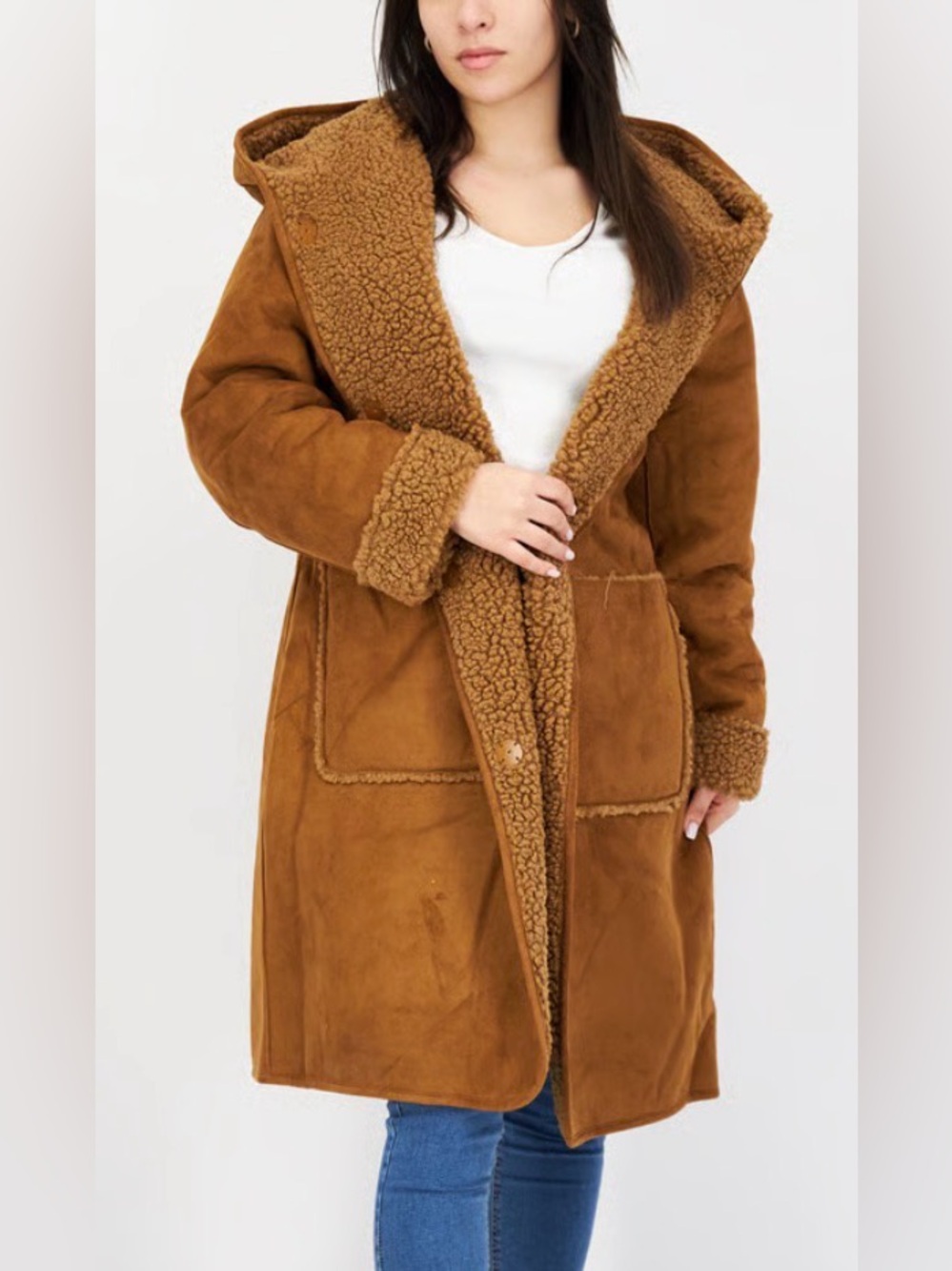 Michael Kors Camel Hooded Shearling-Trim Teddy Jacket